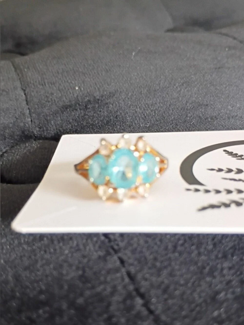 Gold Ring with Blue Gemstones and Accent Crystals Size 7